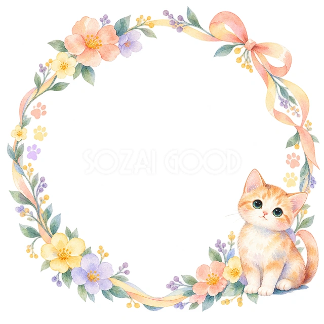 淡色の子猫と肉球・猫と肉球の丸枠の猫フレームです