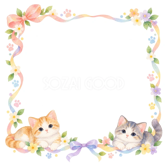 淡色の子猫と肉球・下辺でくつろぐ猫の猫フレームです