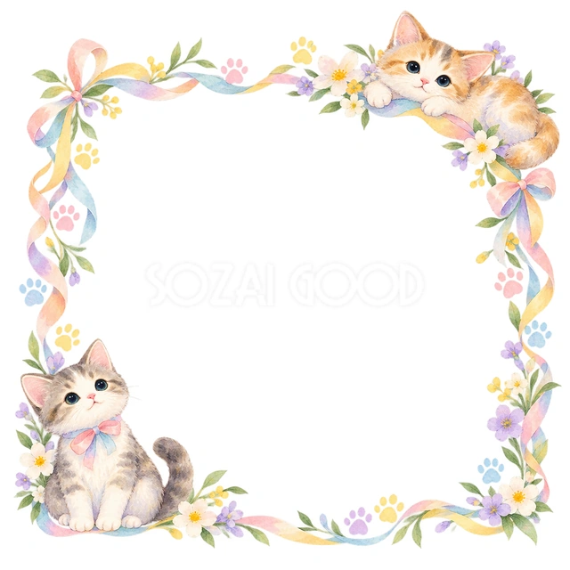 淡色の子猫と肉球・片隅に猫を添えた枠の猫フレームです