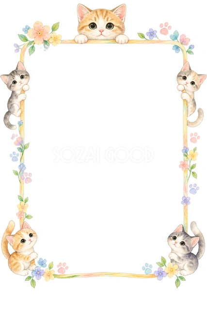 淡色の子猫と肉球・上からのぞく猫の縦枠の猫フレームです