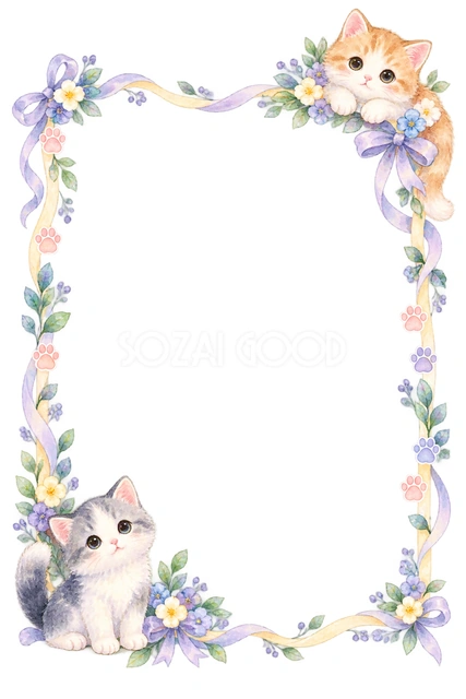 淡色の子猫と肉球・左右に猫を添えた縦枠の猫フレームです