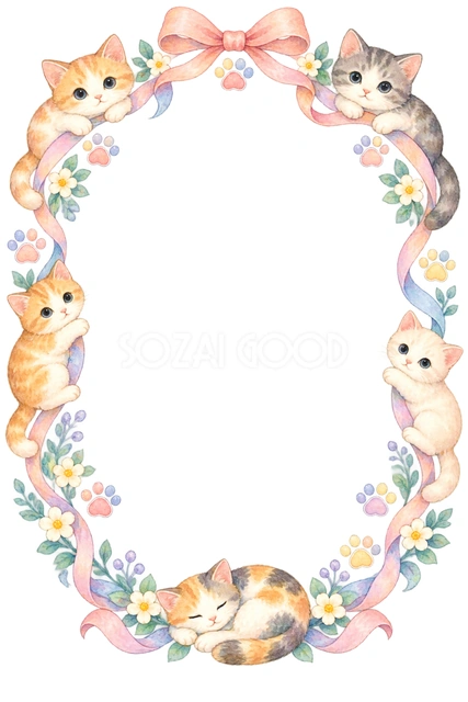 淡色の子猫と肉球・猫と肉球の楕円枠の猫フレームです