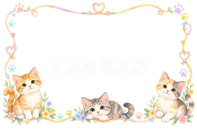 淡色の子猫と肉球・猫が並ぶ横枠の猫フレームです