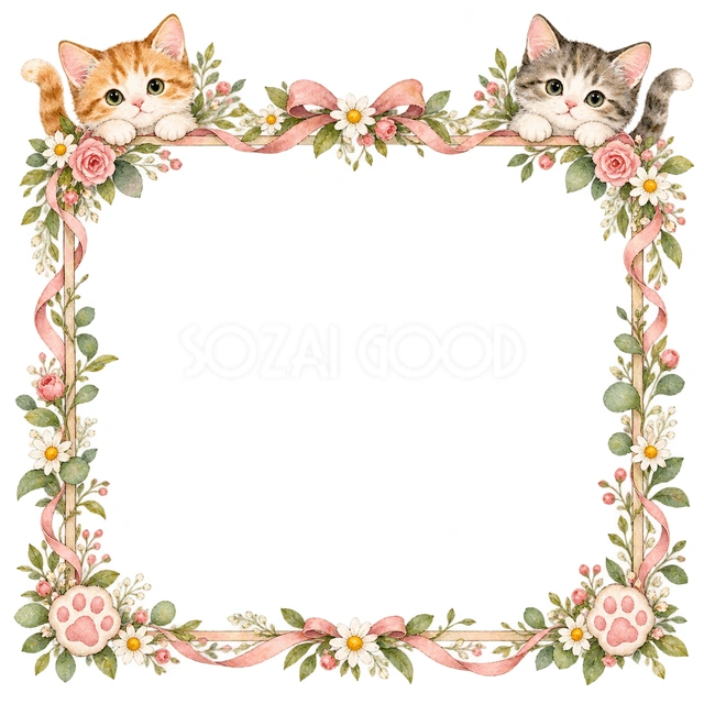 猫と季節の花・四隅からのぞく猫の猫フレームです