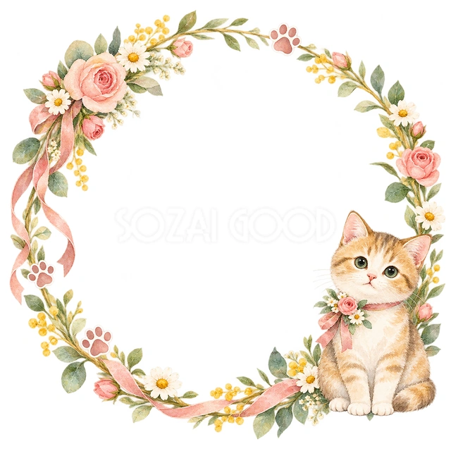 猫と季節の花・猫と肉球の丸枠の猫フレームです