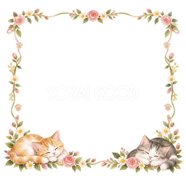 猫と季節の花・下辺でくつろぐ猫の猫フレームです