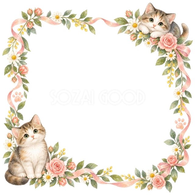 猫と季節の花・片隅に猫を添えた枠の猫フレームです