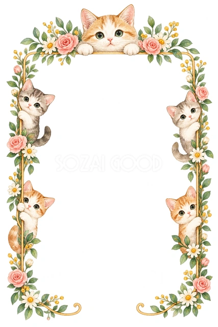 猫と季節の花・上からのぞく猫の縦枠の猫フレームです