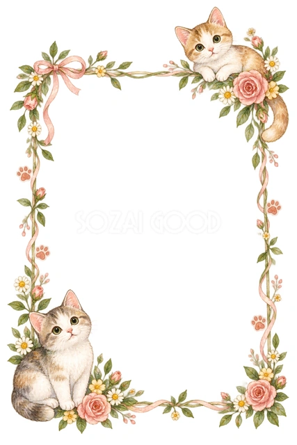 猫と季節の花・左右に猫を添えた縦枠の猫フレームです