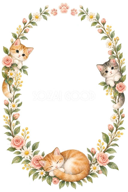 猫と季節の花・猫と肉球の楕円枠の猫フレームです
