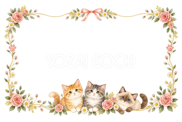 猫と季節の花・猫が並ぶ横枠の猫フレームです