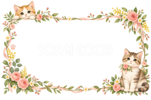 猫と季節の花・対角に猫を添えた横枠の猫フレームです