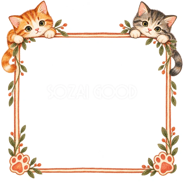 手描きの猫と足あと・四隅からのぞく猫の猫フレームです