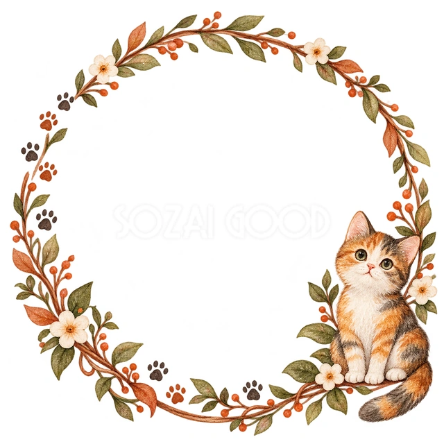 手描きの猫と足あと・猫と肉球の丸枠の猫フレームです