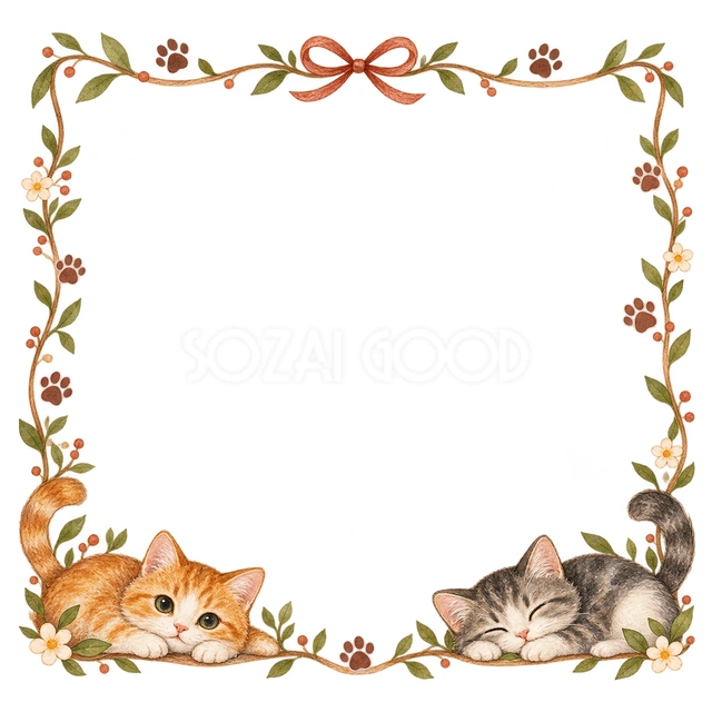 手描きの猫と足あと・下辺でくつろぐ猫の猫フレームです