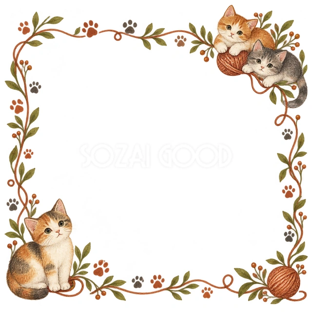 手描きの猫と足あと・片隅に猫を添えた枠の猫フレームです
