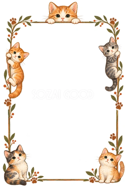 手描きの猫と足あと・上からのぞく猫の縦枠の猫フレームです