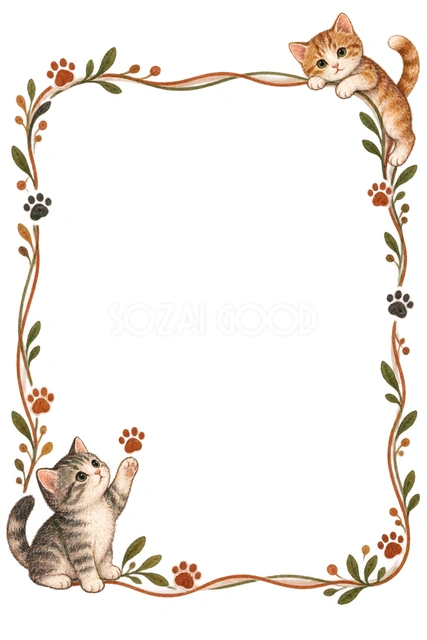 手描きの猫と足あと・左右に猫を添えた縦枠の猫フレームです