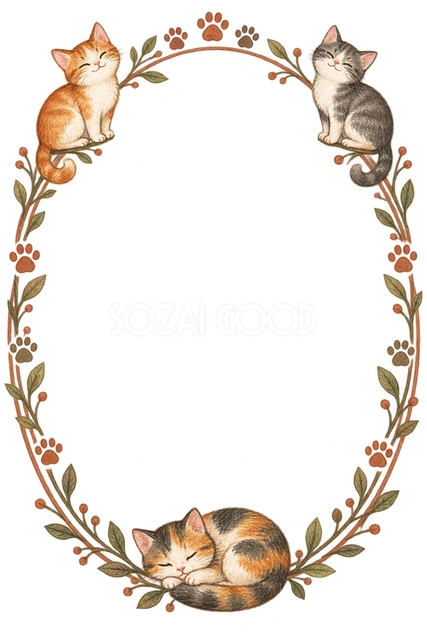 手描きの猫と足あと・猫と肉球の楕円枠の猫フレームです