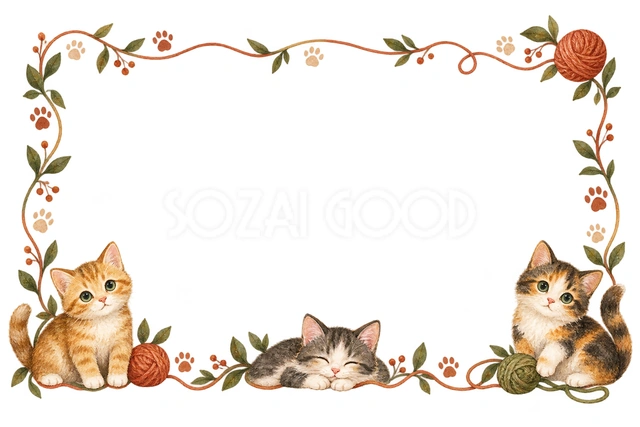 手描きの猫と足あと・猫が並ぶ横枠の猫フレームです