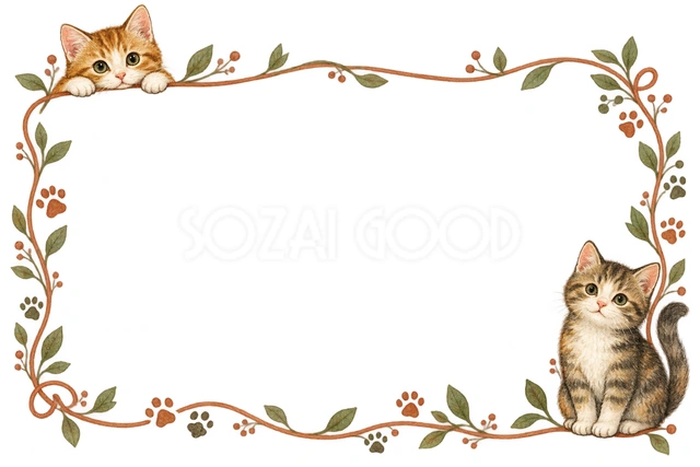 手描きの猫と足あと・対角に猫を添えた横枠の猫フレームです