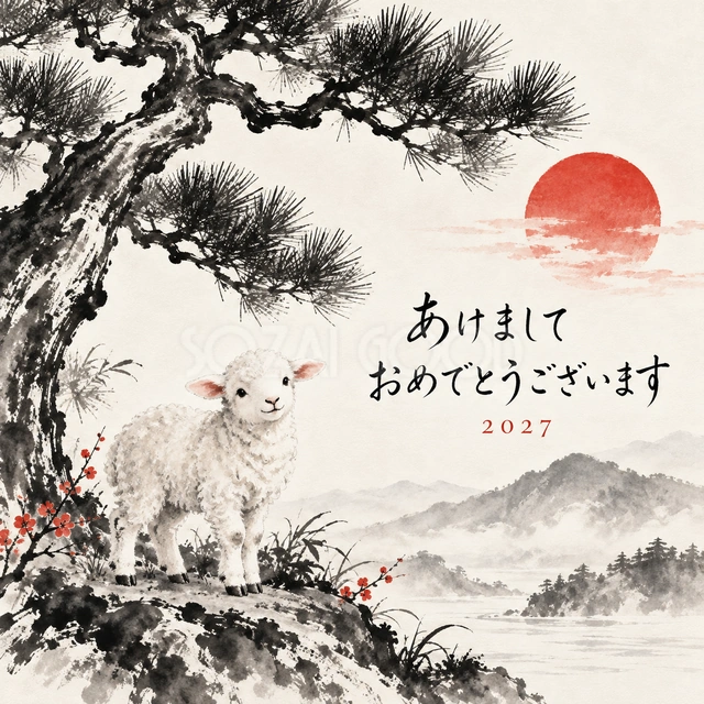 松の枝と白い羊（文字あり）