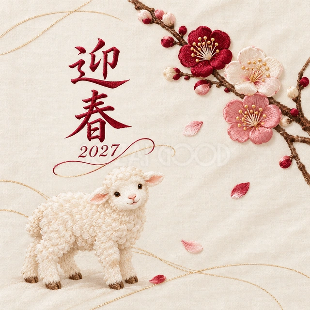 リボン刺繍の梅（文字あり）