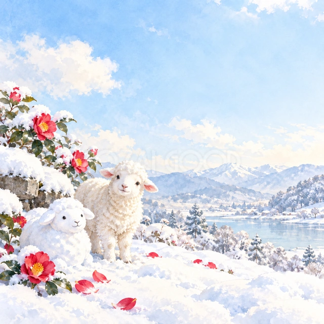 椿と雪の羊（文字なし）