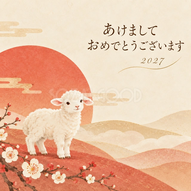 羊の影と初日の出（文字あり）