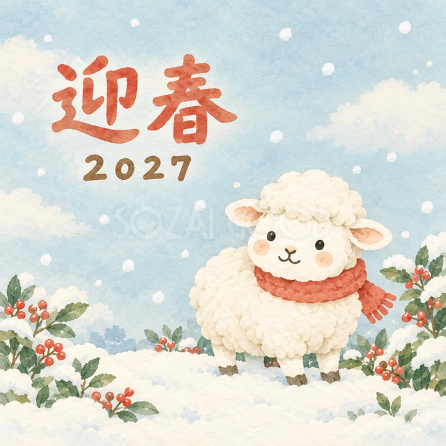 雪の朝の赤いマフラー（文字あり）
