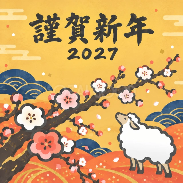 梅の花を見上げる羊（文字あり）