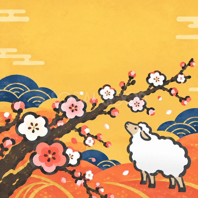梅の花を見上げる羊（文字なし）