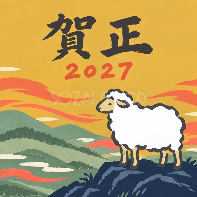 小高い岩の上の羊（文字あり）