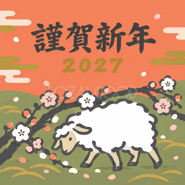 梅の枝をくぐる羊（文字あり）