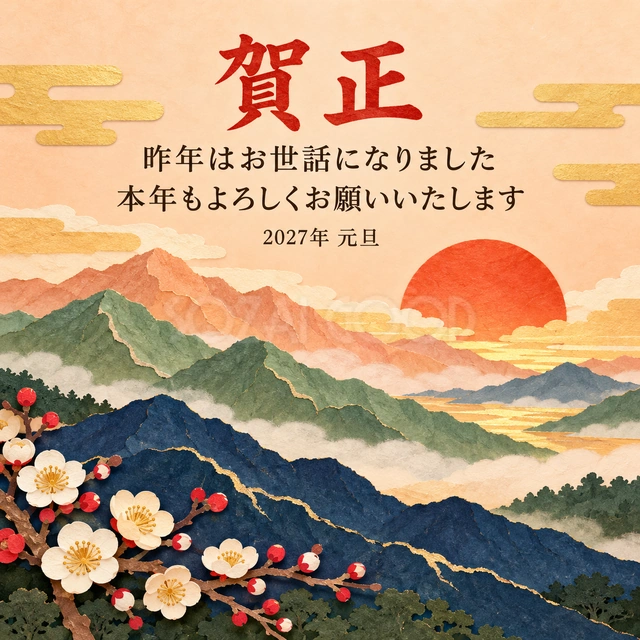 重なる山並み（文字あり）