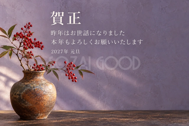 土の花瓶と南天（文字あり）