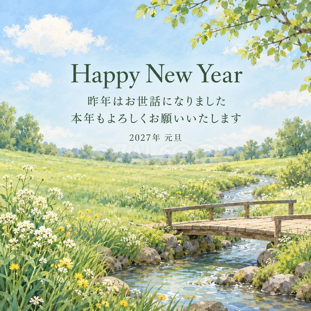 小川と木橋（文字あり）