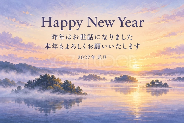 湖の朝もや（文字あり）