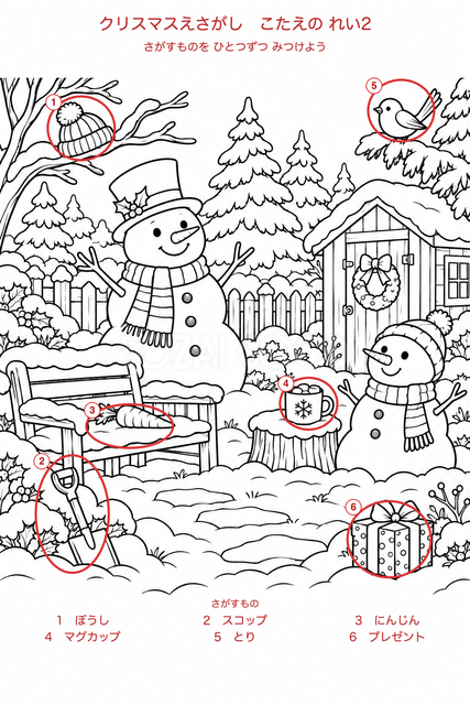 【答え2・確認用】雪だるまの冬の庭の答え