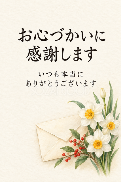 冬の草花と封筒のお礼カード