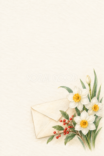 冬の草花と封筒のお礼カード