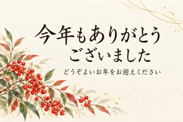 南天と細い金の線のお礼カード