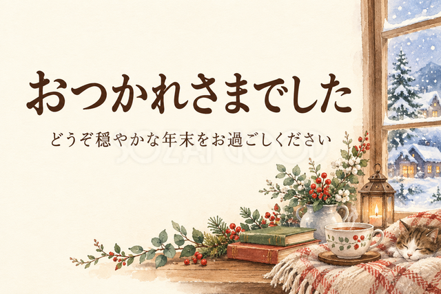 雪の窓辺とティーカップのお礼カード