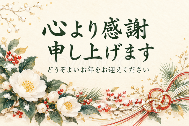 白い花と水引の結びのお礼カード