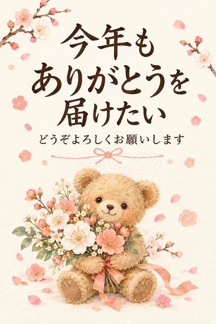 花束を抱えるくまのお礼カード
