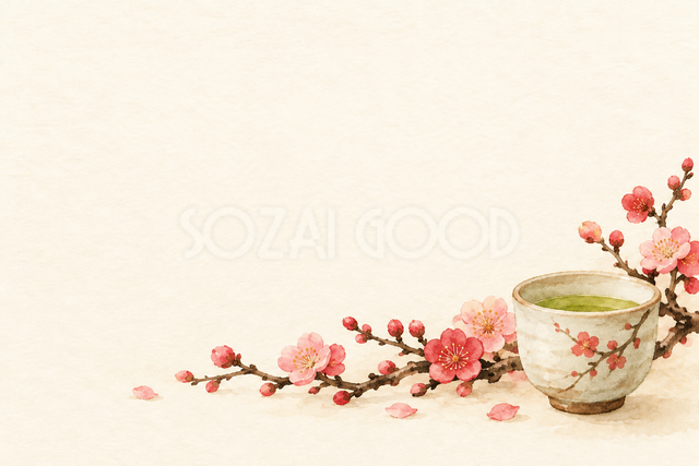 梅の枝とあたたかいお茶のお礼カード