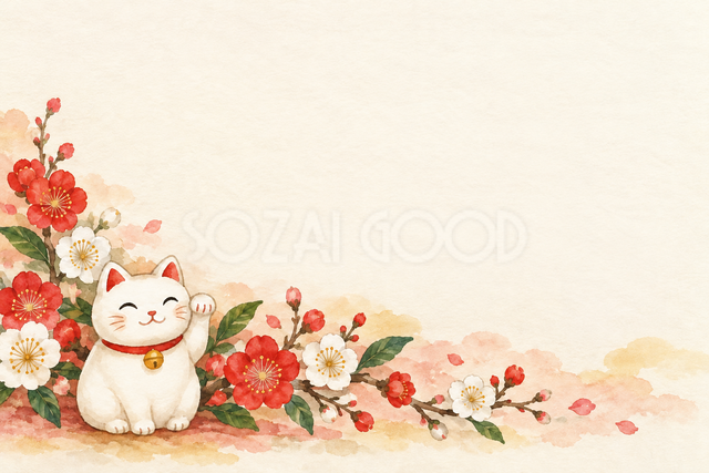 招き猫と紅白の花のお礼カード