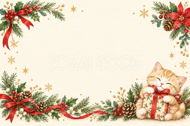 猫とクリスマスの包みのお礼カード