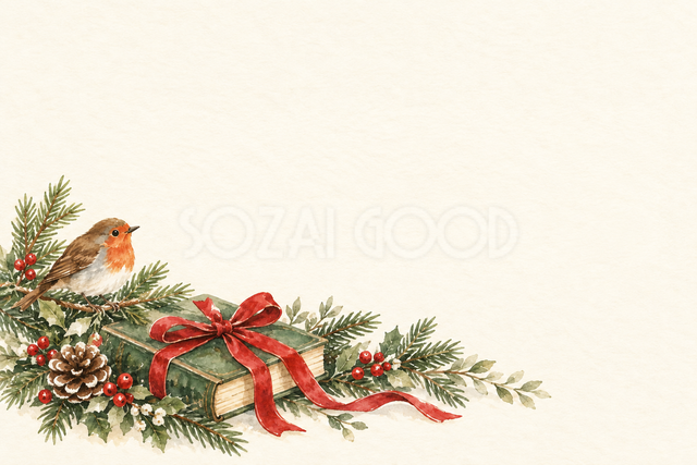 クリスマスの本と小鳥のお礼カード
