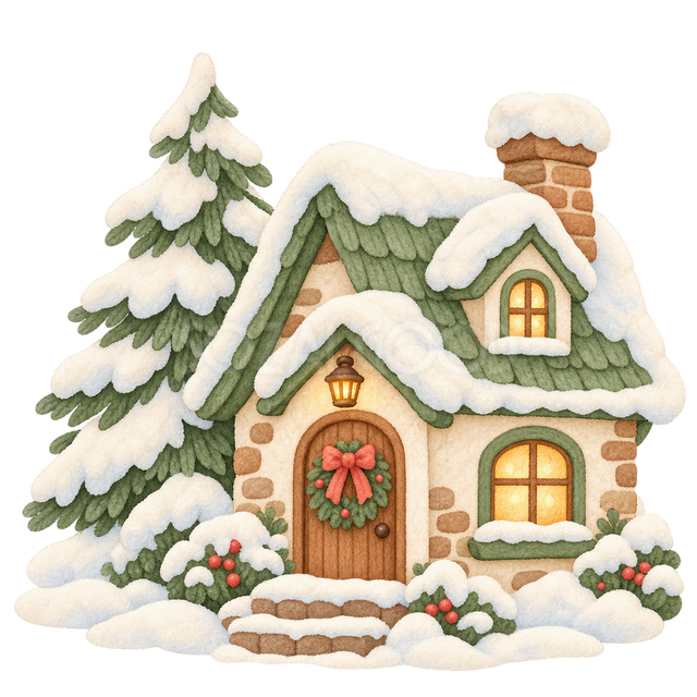 雪の木と小さな家の挿絵